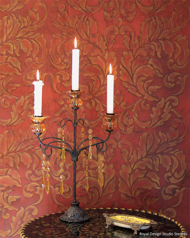 Royal Recipe from Royal Design Studio: How to Stencil Tutorial Gilded Red Leather Wall Finish with Vintage Damask Wall Stencils