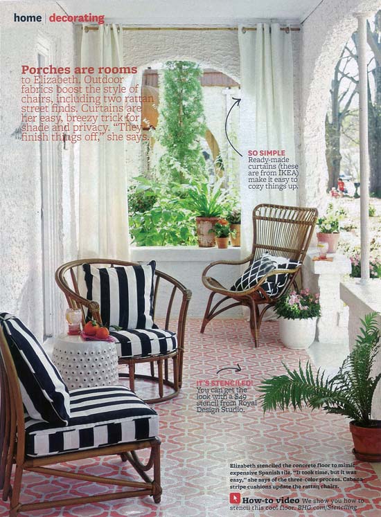 Sweet stenciled porch! The Casbah Trellis stencil from Royal Design Studio in BHG magazine