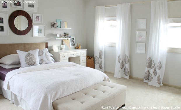 Affordable Bedroom Style, DIY Curtians, and Painted Pillows with Paisley Stencils from Royal Design Studio