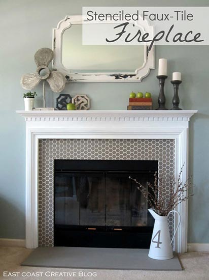 Stenciled Fireplace with the Beehive Allover Furniture Stencil by Royal Design Studio