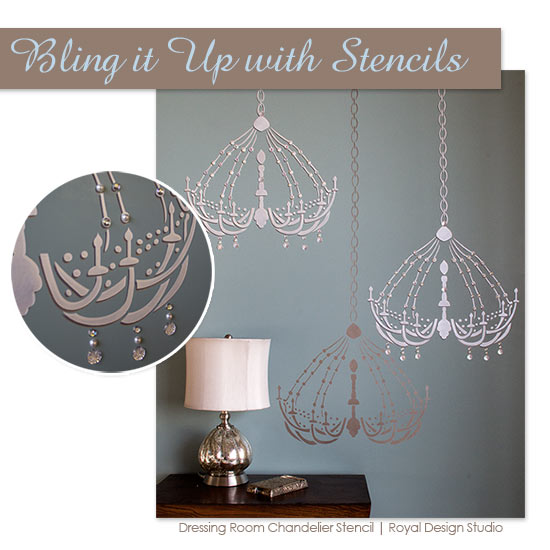Embellishing a chandelier wall stencil with self-adhesive glass beads. Fun, easy way to add some bling to your stencils. Dressing Room Chandelier stencil | Royal Design Studio