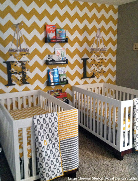 Large Chevron Stencil Pattern on Nursery Feature Wall | Royal Design Studio