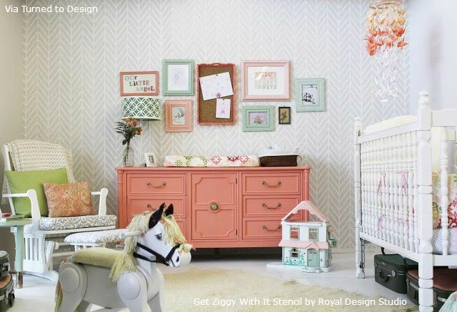 Contemporary Stenciled Nursery with the Get Ziggy With It Stencil from Royal Design Studio | Design by Genevieve March of Turned to Design
