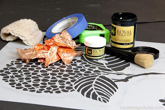 Stenciling supplies for how to stencil a copper leaf floral wall finish using Royal Stencil Size