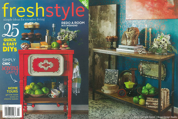Pretty Damask stenciled feature wall in Fresh Style Magazine. Fabric Damask stencil from Royal Design Studio