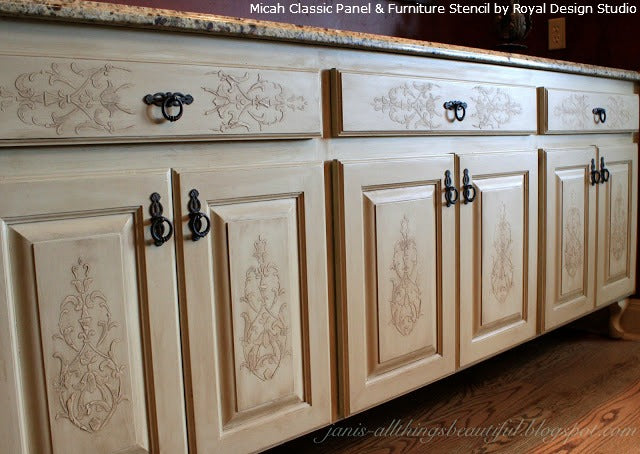Embossed Stencil on Cabinet Doors | Royal Design Studio Stencils | Project by Janis Steward
