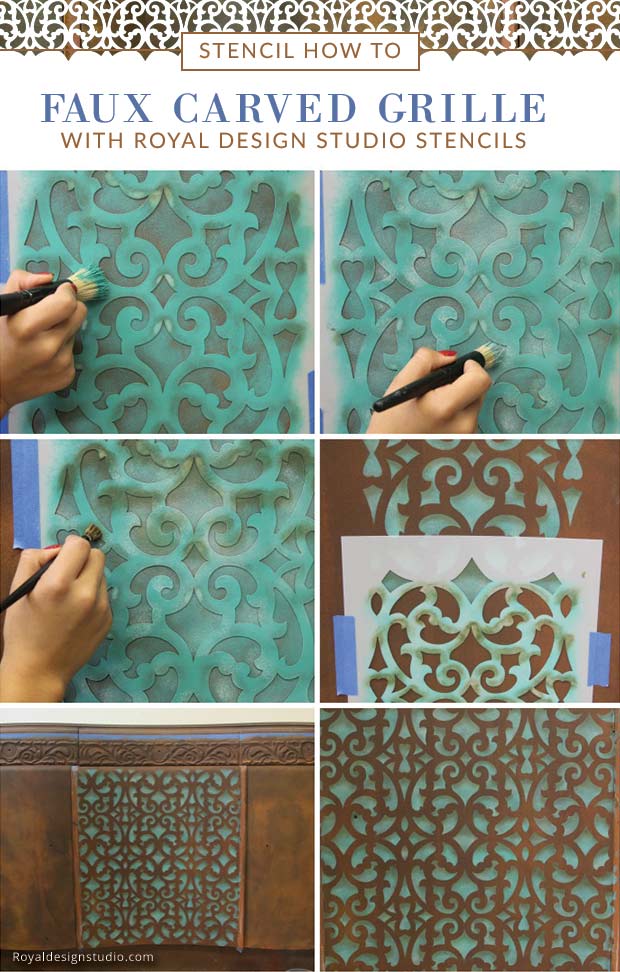 How to stencil the look of a faux carved grill with stenciling shading and the Mansion House Grille furniture trellis stencil from Royal Design Studio