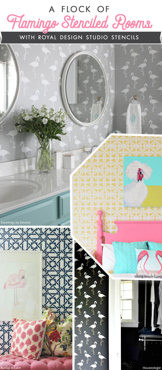 A Flock of Flamingo Stenciled Rooms! 11 DIY Decorating Ideas using Flamingo Wallpaper Wall Stencils - Royal Design Studio