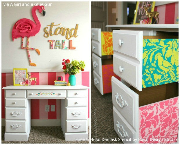 A Flock of Flamingo Stenciled Rooms! 11 DIY Decorating Ideas using Flamingo Wallpaper Wall Stencils - Royal Design Studio