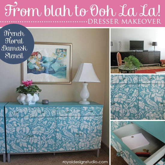 Dresser Makeover with French Floral Damask Stencil from Royal Design Studio