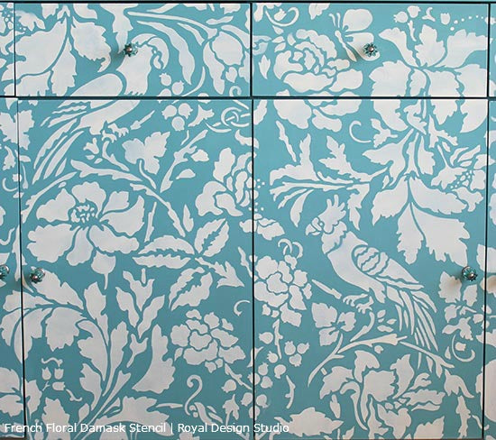 French Floral Damask Stencil on Furniture | Royal Design Studio