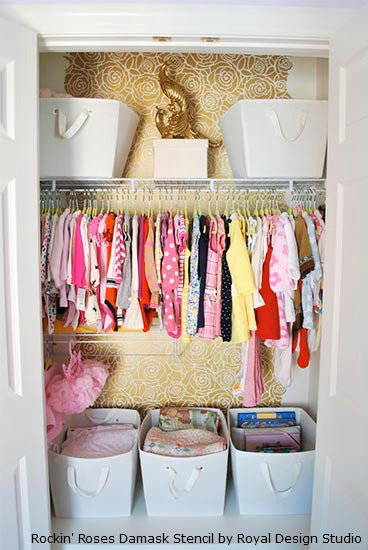 Fun Stenciled Closet for Little Girls | Project by Proper Hunt and Rockin' Roses Damask Stencil by Royal Design Studio