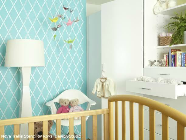 Stenciled Feature Nursery Wall | Nova Trellis Wall Stencil by Royal Design Studio | Design by Laurie March of HGTV's The House Counselor