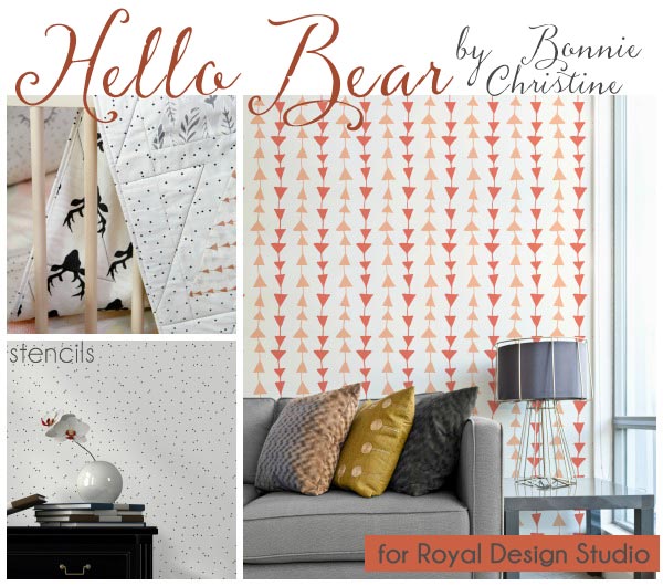 Designer Wall Stencils, removable wallpaper, and wall decals by Bonnie Christine (going home to roost) for Royal Design Studio and Wallternatives - Forest animals, modern shapes, rustic deer antlers and bears for cute kids room and nursery decor