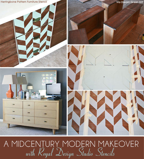Modern Herringbone stencil from Royal Design Studio is perfect choice for a Mid Century stenciled furniture project