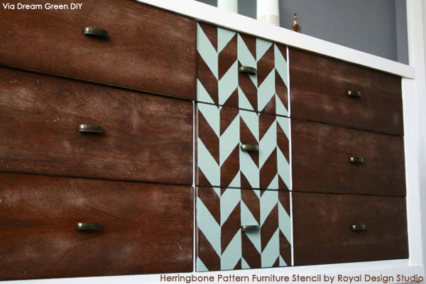 Herringbone Pattern Furniture Stencil on Dresser by Dream Green DIY | Royal Design Studio