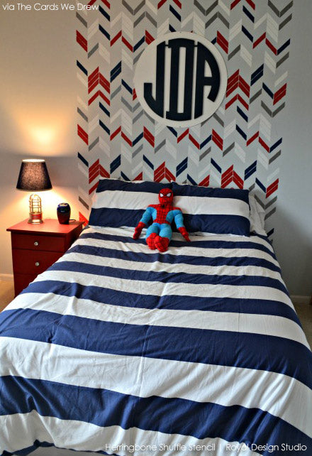 Use a stencil to create a painted headboard! The Herringbone Shuffle Stencil from Royal Design Studio
