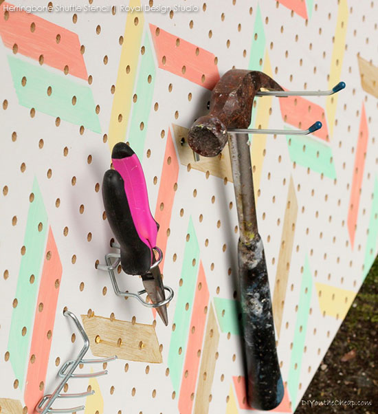 Stenciled pegboard project using Herringbone Shuffle stencil from Royal Design Studio