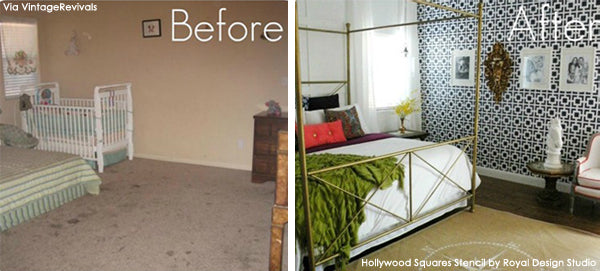 Before and After Stenciled Feature Wall | Hollywood Squares Stencil from Royal Design Studio | Project by Vintage Revivals