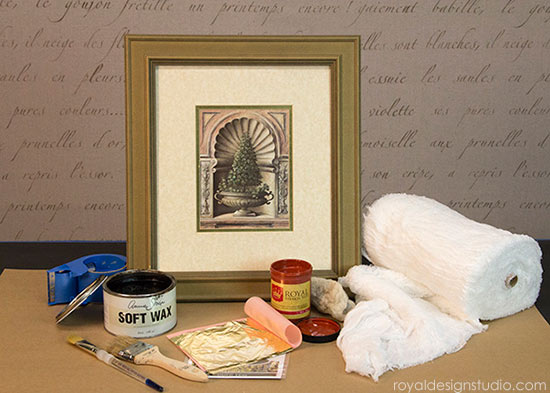 Supplies for How to gild a frame with Royal Stencil Size and Gold Leaf