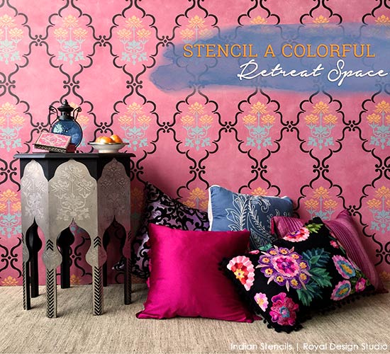 How to stencil an exotic reading nook with wall and furniture stencils - Royal Design Studio