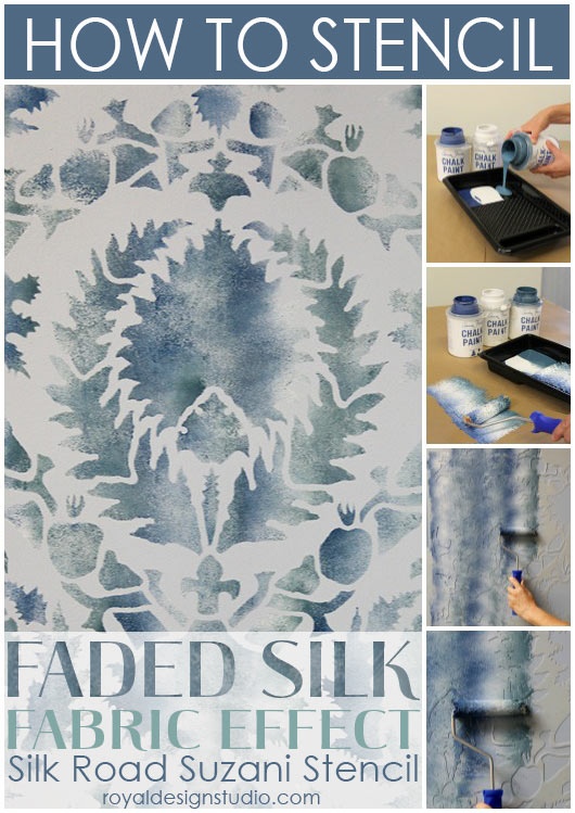 Stencil a faded silk fabric effect with the Suzani stencil from Royal Design Studio stencils
