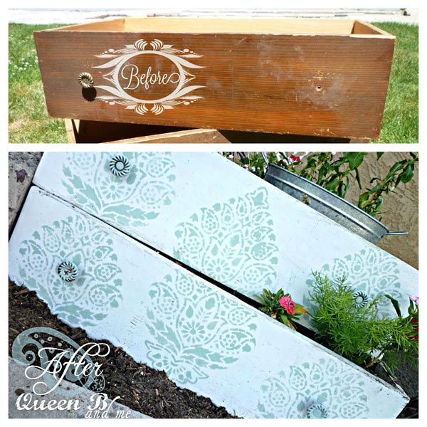 Paint and stencil dresser drawers to make planter boxes