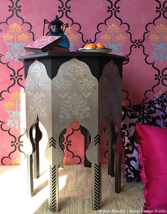 Stencil tutorial - Painted table with silver leaf, Chalk Paint, and furniture stencils from Royal Design Studio