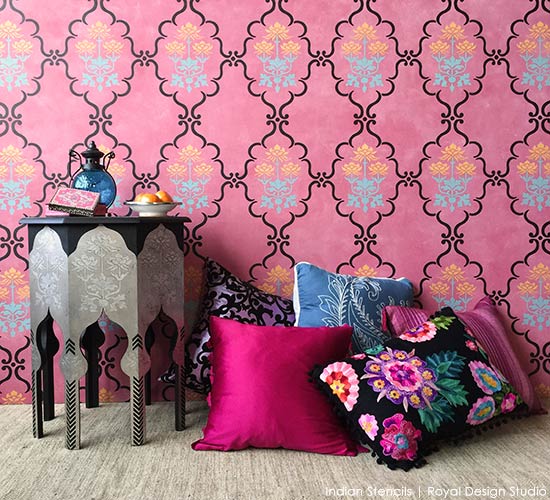 Stencil tutorial with Royal Design Studio wall stencils - Paint a bold accent wall with Indian and flower designs