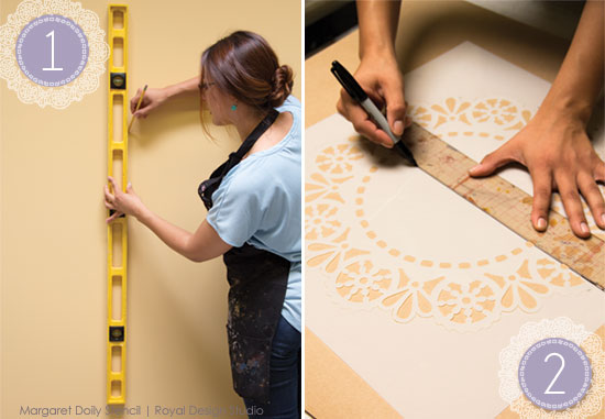 Stenciling the Margaret Doily Lace stencil for a feature wall how-to stencil tutorial | Royal Design Studio