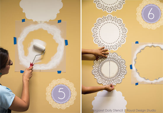 Stenciling the Margaret Doily Lace stencil for a feature wall how-to stencil tutorial | Royal Design Studio