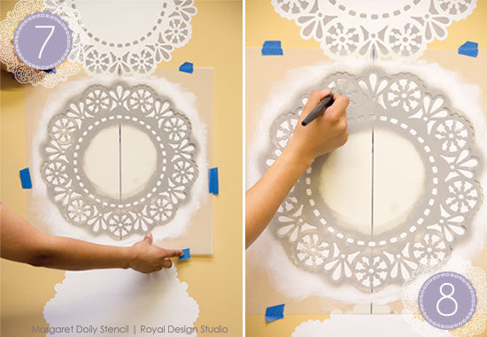 How to stencil tutorial to create a lacy stripe treatment with a Lace Doily Stencil from Royal Design Studio