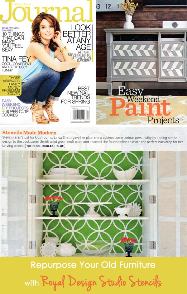 Ladies Home Journal features stenciling as an Easy Weekend Paint Project | Stenciled Cabinet by Burlap + Blue with Royal Design Studio Stencils