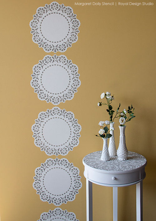 How to stencil tutorial to create a lacy stripe treatment with a Lace Doily Stencil from Royal Design Studio