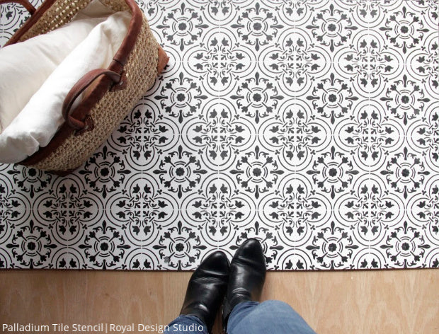 Best Idea! [VIDEO Tutorial] How to Paint Your Tile Floor with Painting Stencils from Royal Design Studio Stencils - Tile Stencils, Floor Stencils, Custom Floor Designs, Painted Tile Pattern, Bathroom Floor Stenciling, DIY Home Decor Project