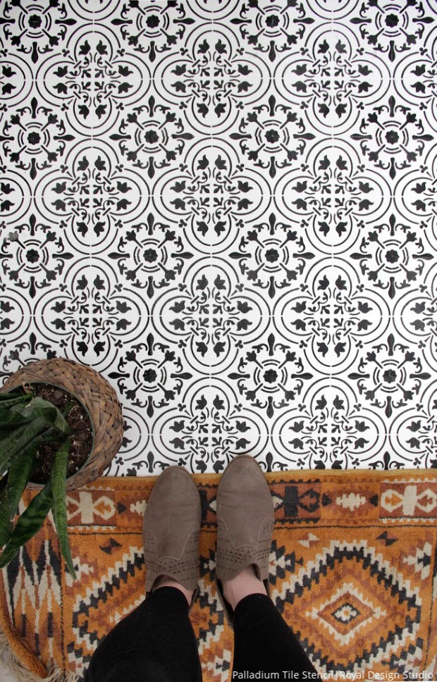 Best Idea! [VIDEO Tutorial] How to Paint Your Tile Floor with Painting Stencils from Royal Design Studio Stencils - Tile Stencils, Floor Stencils, Custom Floor Designs, Painted Tile Pattern, Bathroom Floor Stenciling, DIY Home Decor Project