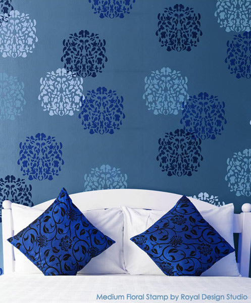 Medium Floral Stamp Stencil on Feature Wall | Bari J Stencil Collection by Royal Design Studio