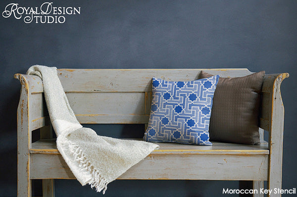 Stenciled Fabric Pillow with Moroccan Key Stencil from Royal Design Studio