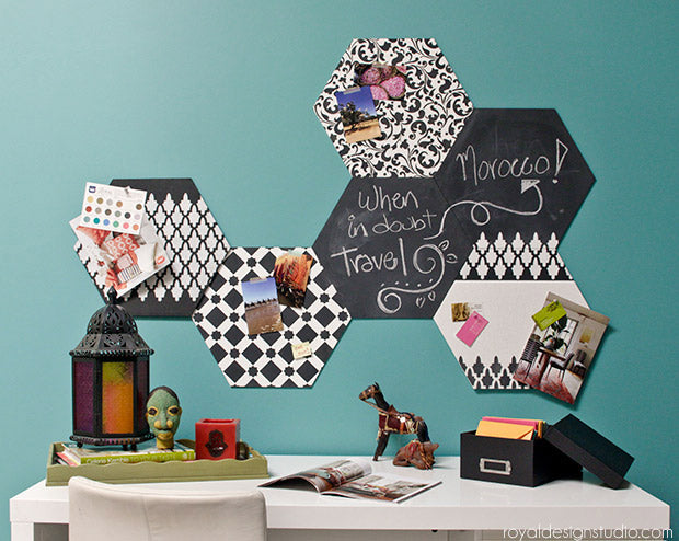 Stencil How-to DIY Tutorial: Hexagon Wall Art Wood Shapes for Painting and Stenciling for Custom Mix and Match Wall Decor - Royal Design Studio