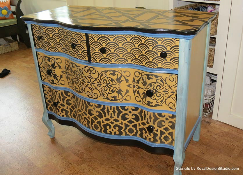 Fun and Funky Dresser with Multiple Stencil Patterns | Project by Joanie Valenti | Royal Design Studio Stencils
