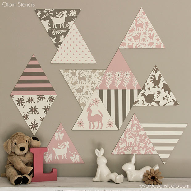 DIY Nursery Wall Decor: Adorable Otomi Stenciled Wood Shapes - Learn how to create DIY sweet nursery wall in Neopolitan ice cream shades using Chalk Paint® by Annie Sloan, Otomi Stencils, and Triangle Wall Art Wood Shapes from Royal Design Studio.