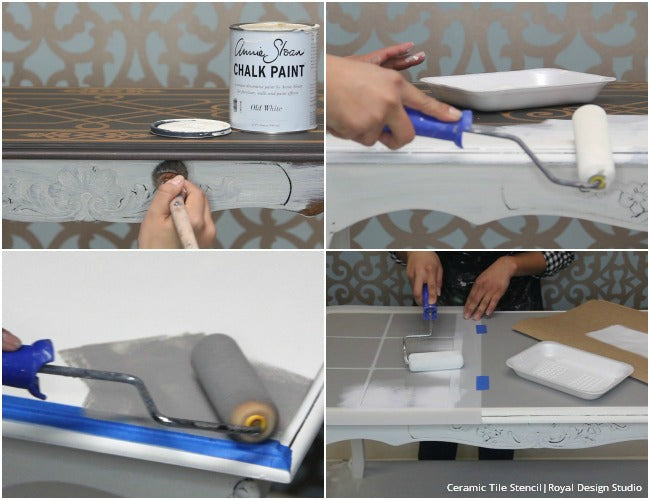 How to Stencil DIY Tutorial: Indigo Blue Vintage Tile Table Top with Chalk Paint and Craqueleur