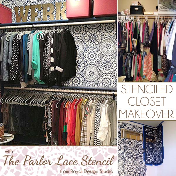 Stenciled Closet Makeover with Parlor Lace Stencil from Royal Design Studio