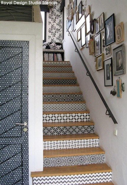 Stenciled Staircase by Royal Design Studio Stencils in Morocco's boutique hotel, Peacock Pavilions.