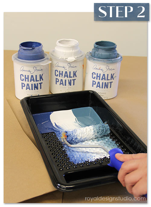 Use 3 colors of Chalk Paint® decorative paint for a stencil roller finish that looks like fabric. Royal Design Studio stencils.