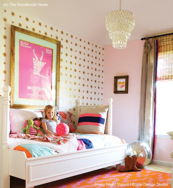 Cute Allover Starry Nights Stencil in pink and gold girl's bedroom