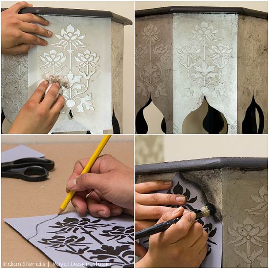 Stenciled and painted furniture with exotic Indian design and stencil patterns - Royal Design Studio flower furniture stencils and silver leaf