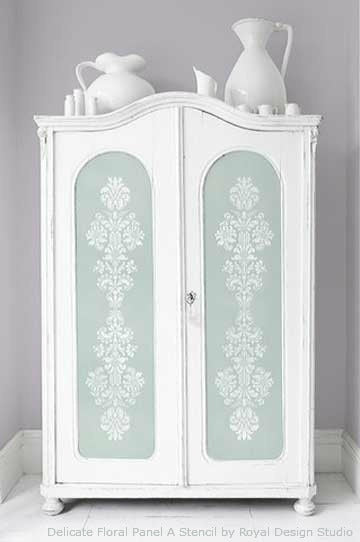 Faded and Worn Painted Cabinet with Stencils and Chalk Paint decorative paint | Royal Design Studio 