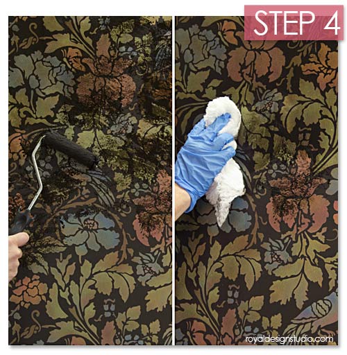Antiquing a wall stencil with Stain and Seal water-based stains from Royal Design Studio