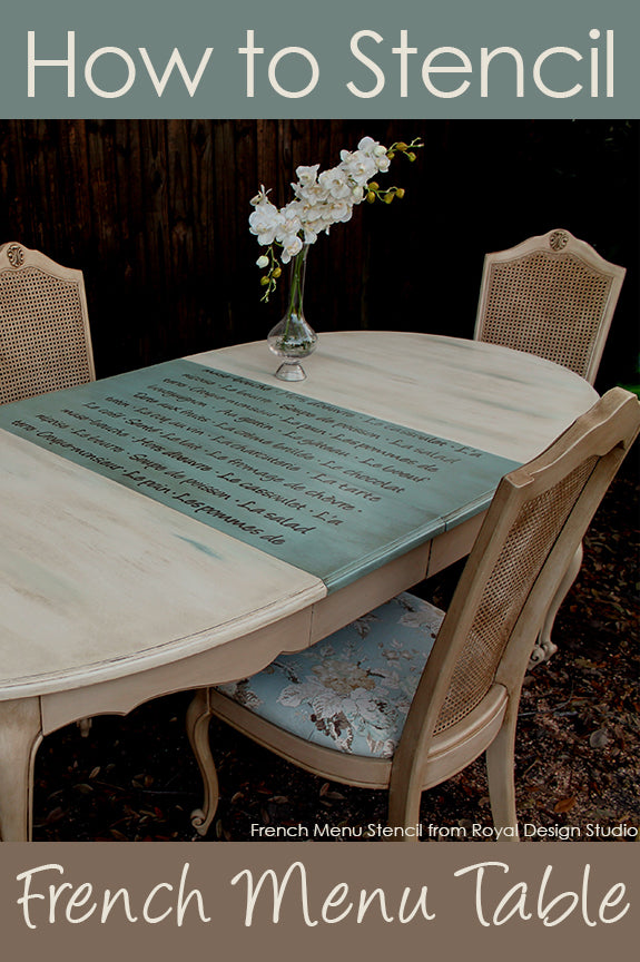How to stencil a tabletop with a French Menu Lettering Stencil from Royal Design Studio
